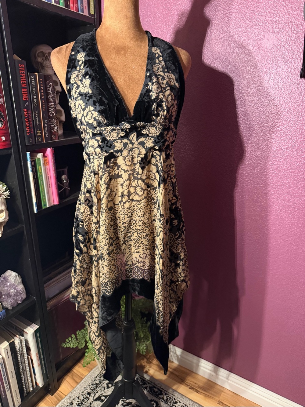 Forever 21 Silk and Velvet Sexy Halter Floral Handkerchief top - Black & Gold